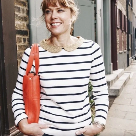 Boden Striped Gold Shimmer Collar Top - Picture 2 of 12